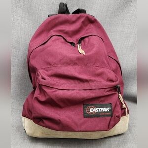 Vintage Eastpak Red With Leather  Bottom 2 compartment Backpack Made in USA